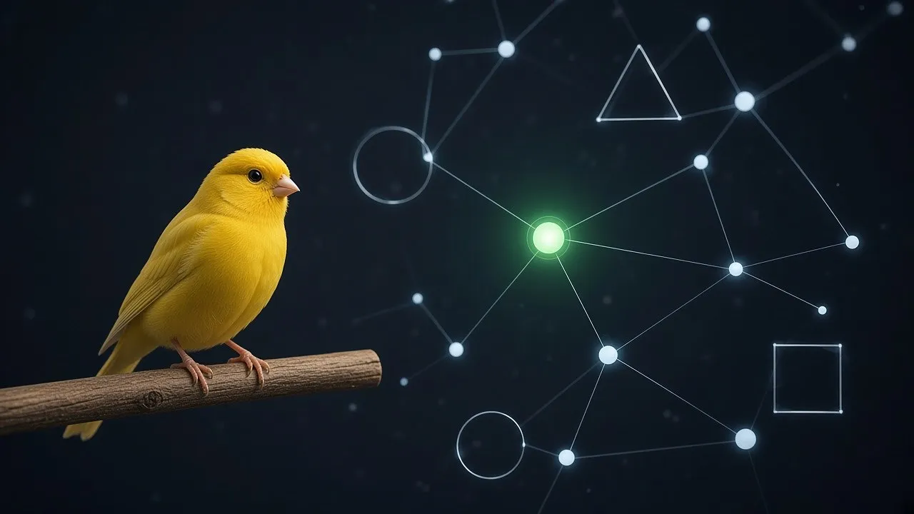 A small yellow canary perched calmly on a branch, facing a quiet network of glowing points and simple geometric shapes, with one point lit in green.